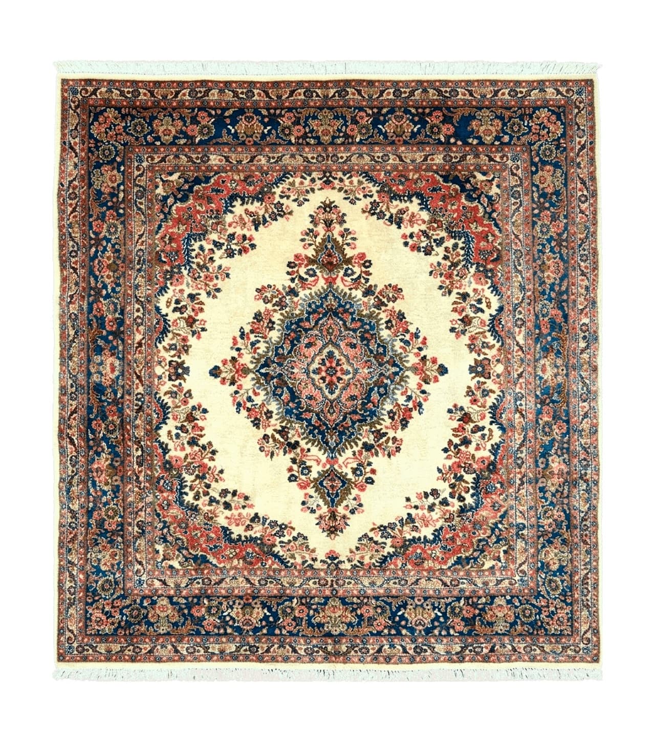 Persian Rug 9x10, Hamadan Rug, Antique Oriental Carpet, Wool Rug, Semi Open Field, Cream and Navy Blue, Kirman Design Hand Knotted Almost Square Rug