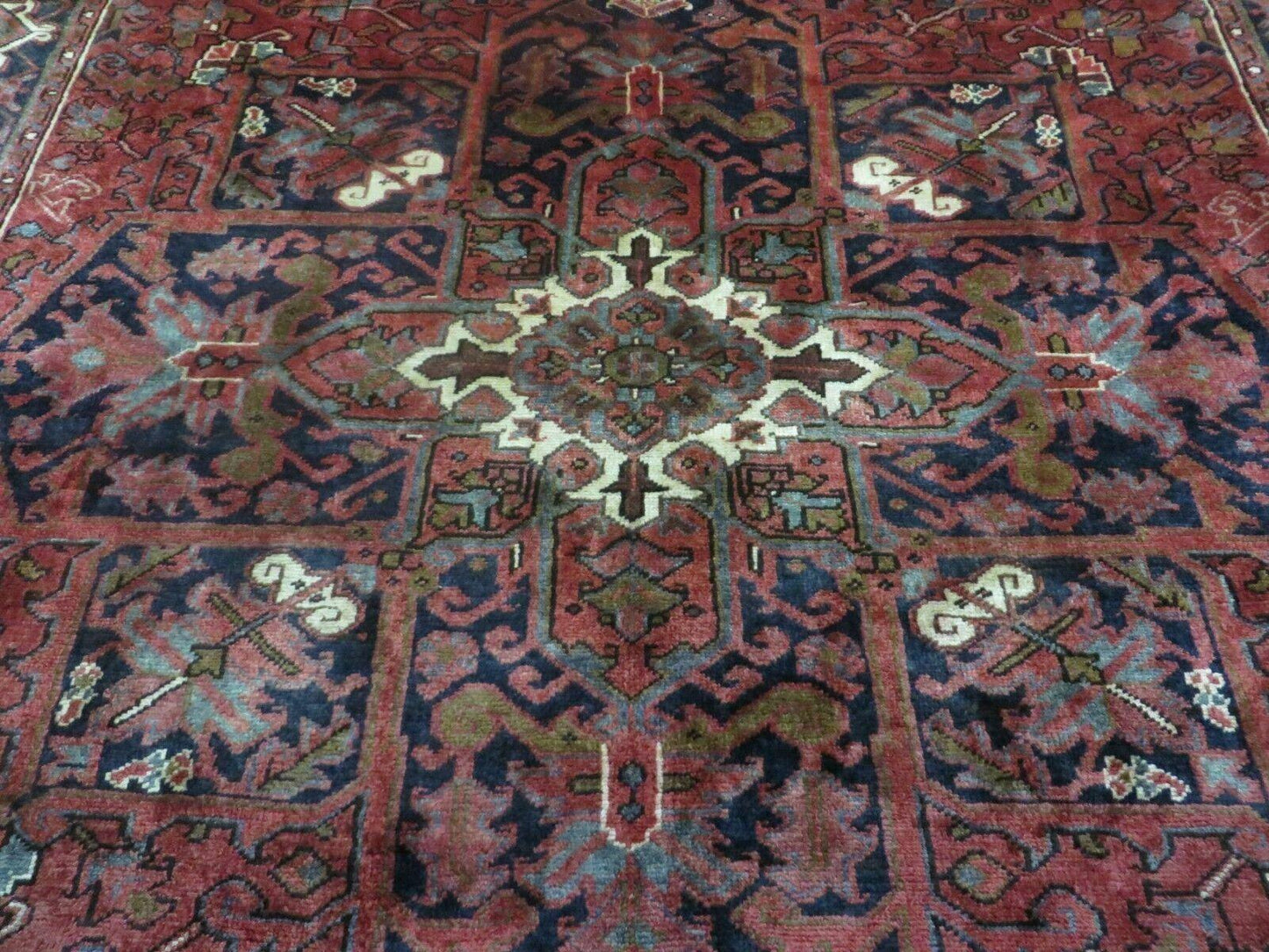 Persian Rug 8x11 Room Sized Heriz Carpet, Hand Knotted Wool Rug, Vintage Semi Antique, Geometric Medallion, Wine Red Cream Dark Blue, Wow