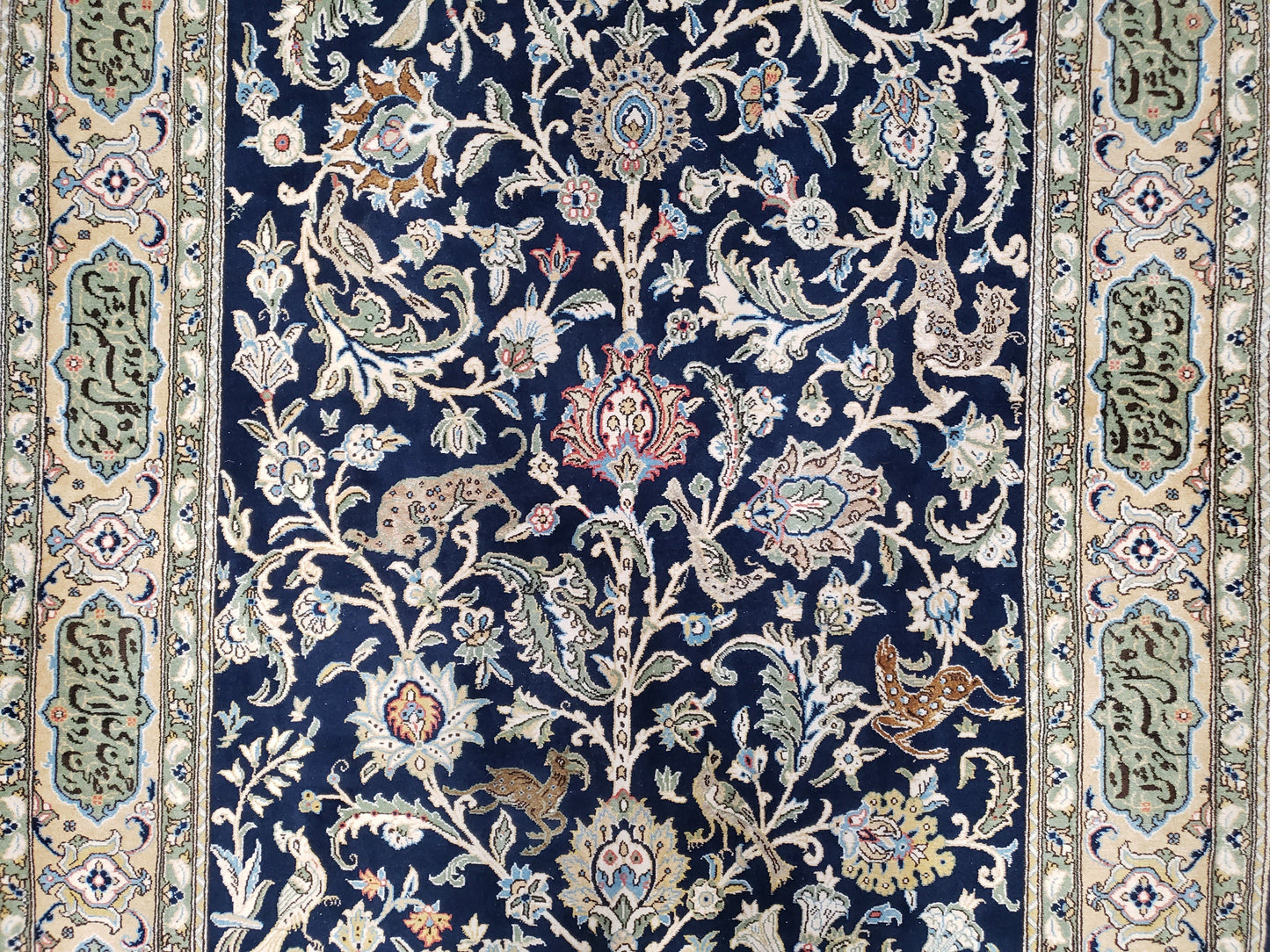 Semi Antique Persian Qum Tree of Life Rug, Hand-Knotted, Wool, Midnight Blue and Tan, Animal Pictorials, Written Poem in Borders, 4' 8" x 7' 8"