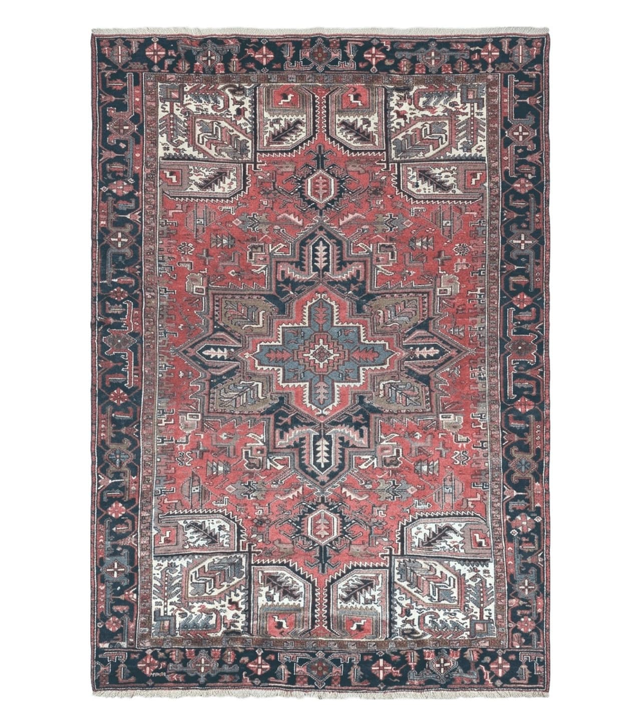 Persian Heriz Rug 8x12 Semi Antique Heriz Carpet, Room Sized Persian Carpet, Geometric Medallion, Wool, Hand Knotted, Red Ivory Dark Blue