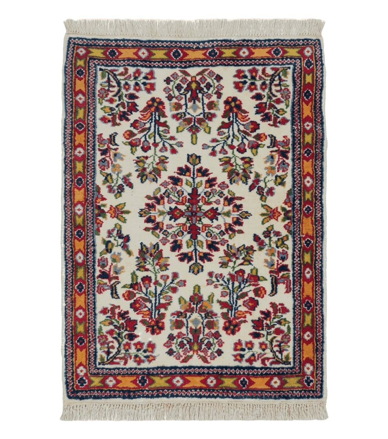 Small Persian Rug 2 x 3, Tiny Persian Sarouk Carpet, Cream Navy Blue Red, Floral Medallion, Vintage Wool Rug, Handmade Hand-Knotted Oriental Rug