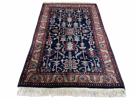 4x6 Vintage Handmade Wool Geometric Rug Organic Dyes Blue Red Hand-Knotted Rug