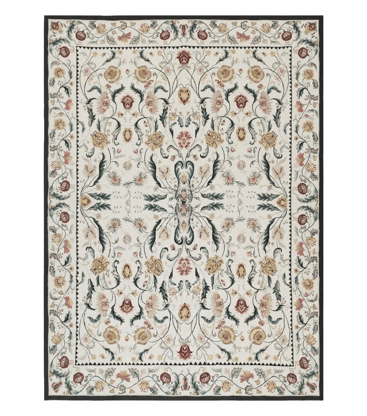 New Needlepoint Rug 9x12, Hand Woven Wool Area Rug, Flatweave Carpet, Handmade Chinese Needlepoint, Floral European Design, Ivory Background