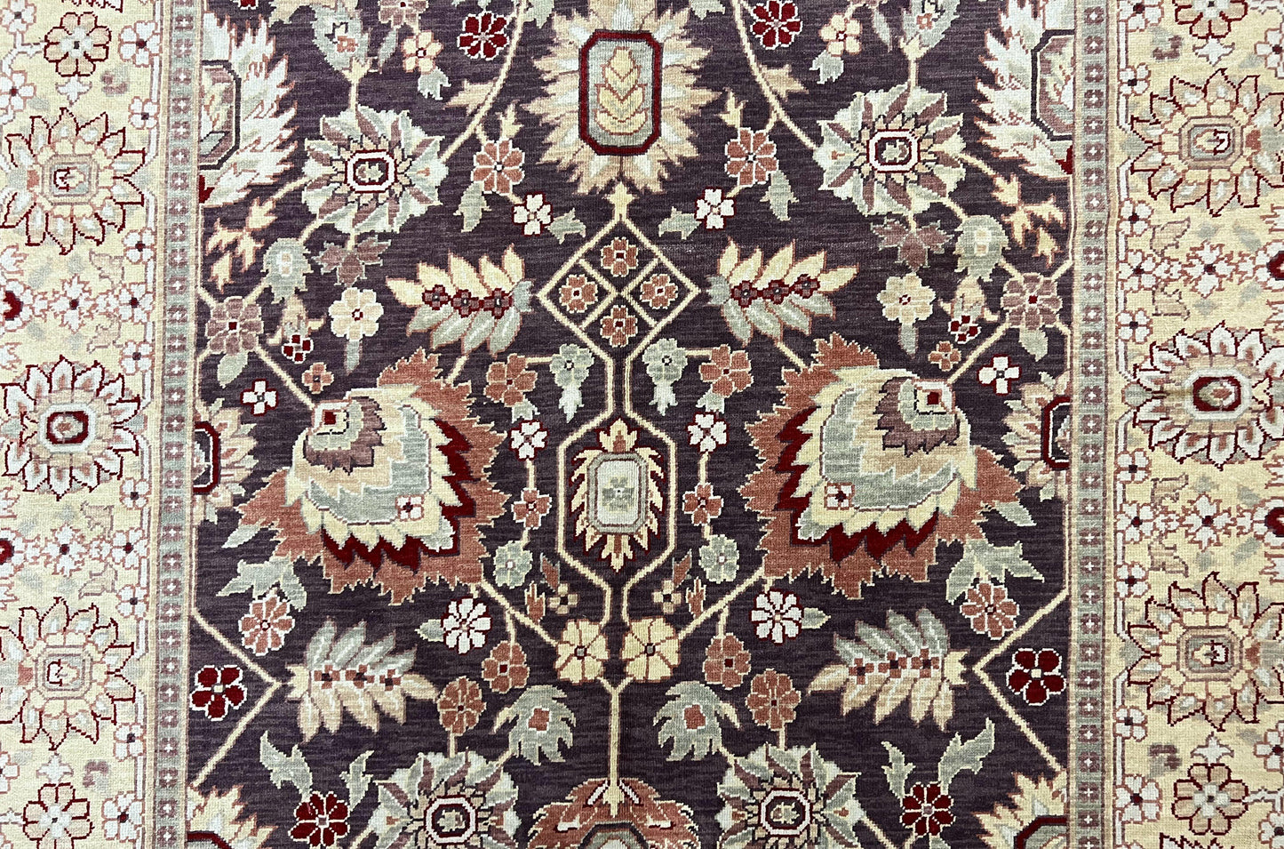 Vintage Indo Mahal Area Rug 6x9, Indian Persian Oriental Carpet 6 x 9, Puce Eggplant Tan Beige Rug, Hand-Knotted, Large Floral Design Wool