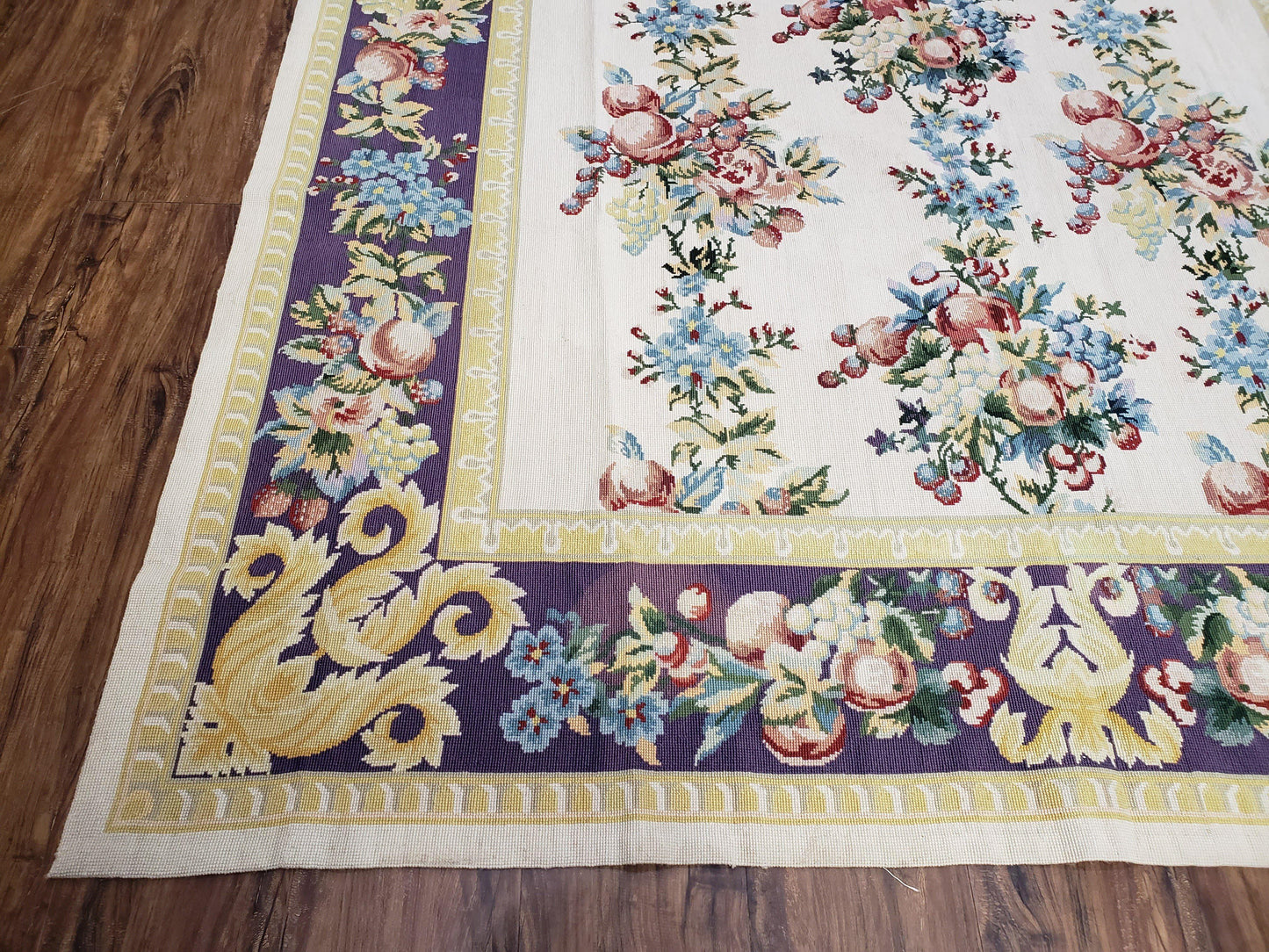 Vintage Chinese Floral Needlepoint Area Rug 6x9, Wool Hand-Woven Handmade Flatweave Rug, Ivory & Purple, Fruits Grapes Apples, Dining Room