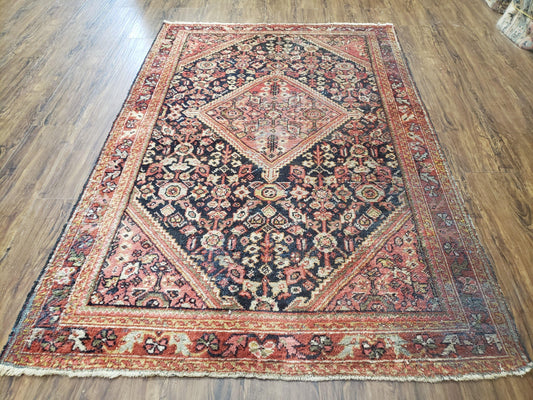 Antique Persian Mahal Area Rug 4.4 x 6.6, Wool Hand-Knotted Shabby Chic Oriental Rug, Red Black 1930s Foyer Room Carpet, Low Pile Boho Rug