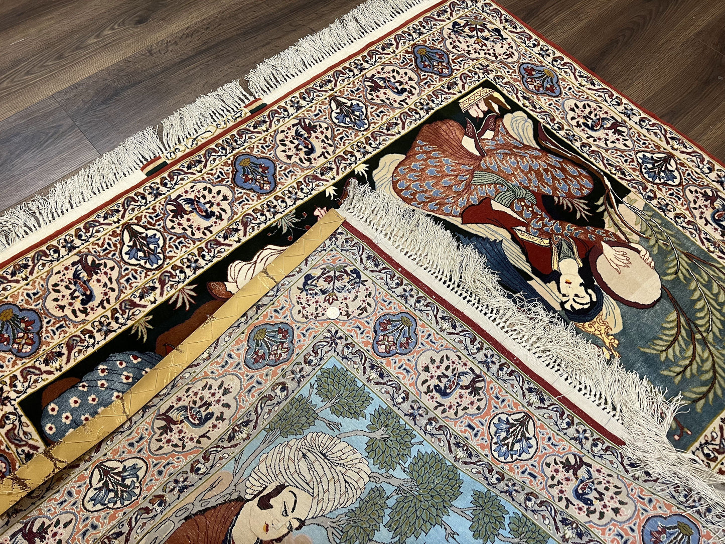 Persian Pictorial Rug 5 x 4 ft, Persian Isfahan Rug, Kork Wool on Silk Foundation, Signature from Master Weaver, Drums and Musical Instruments, Birds, Detailed