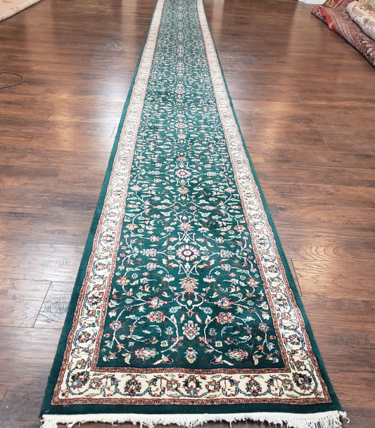 Extra Long Runner Rug 24 ft, Skinny & Long Rug for Hallway Corridor 2.6 x 24 Indo Persian Vintage Wool Rug Green and Cream Handmade Oriental
