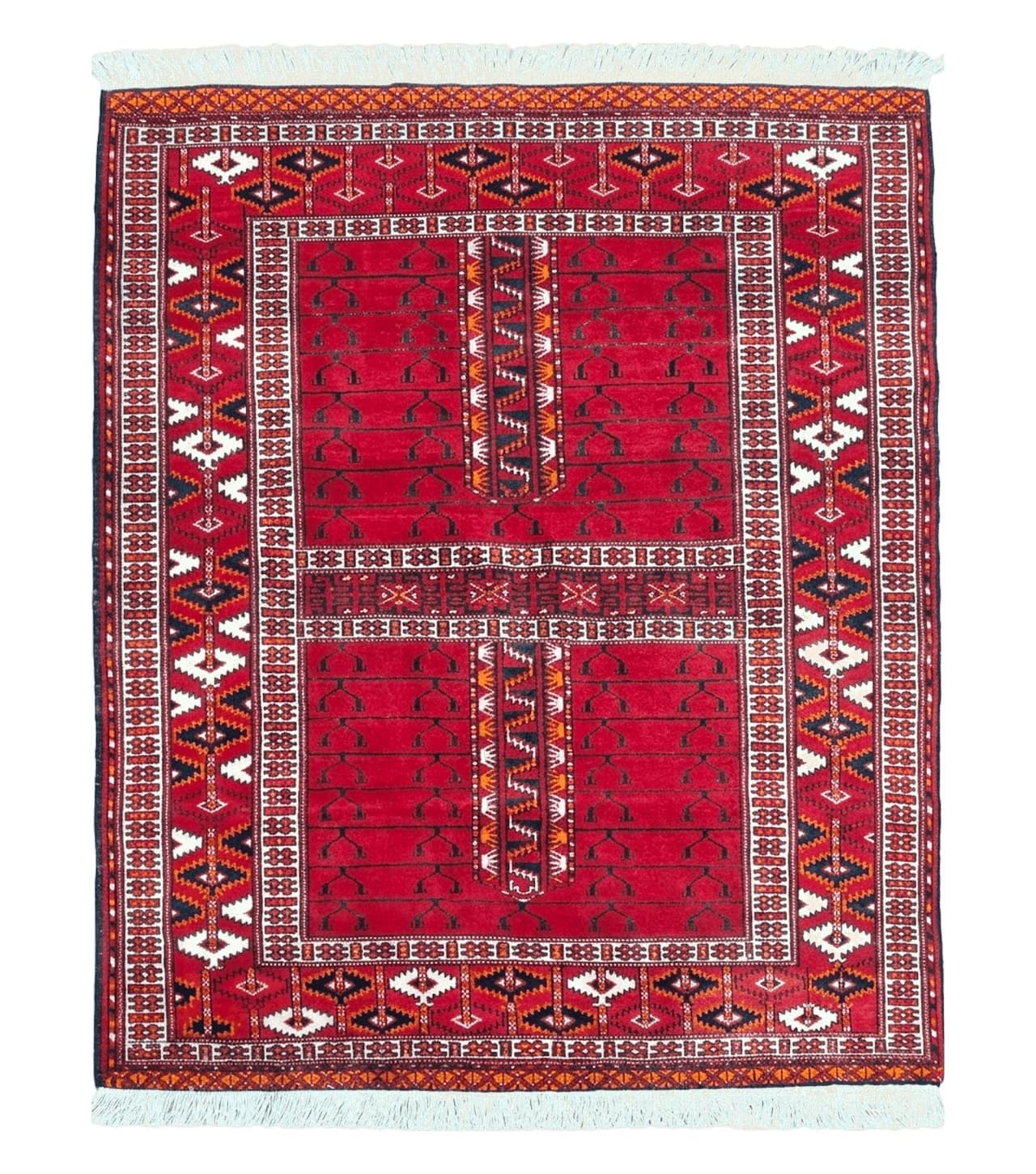 Antique Persian Turkoman Rug 4x5, Hatchli Tekkeh Ersari Red Tribal Rug, Handmade Wool Oriental Carpet, Four Seasons Rug