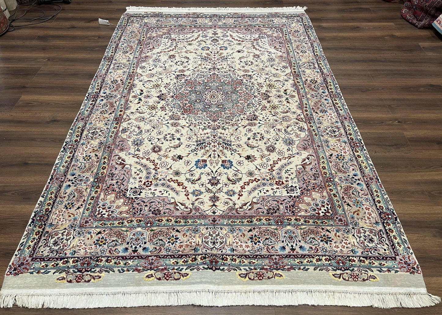 Beautiful Pak Persian Rug 6x9, Floral Medallion, Wool and Silk, Highly Detailed Elegant Carpet, Vintage Oriental Rug 6 x 9, Cream and Gray