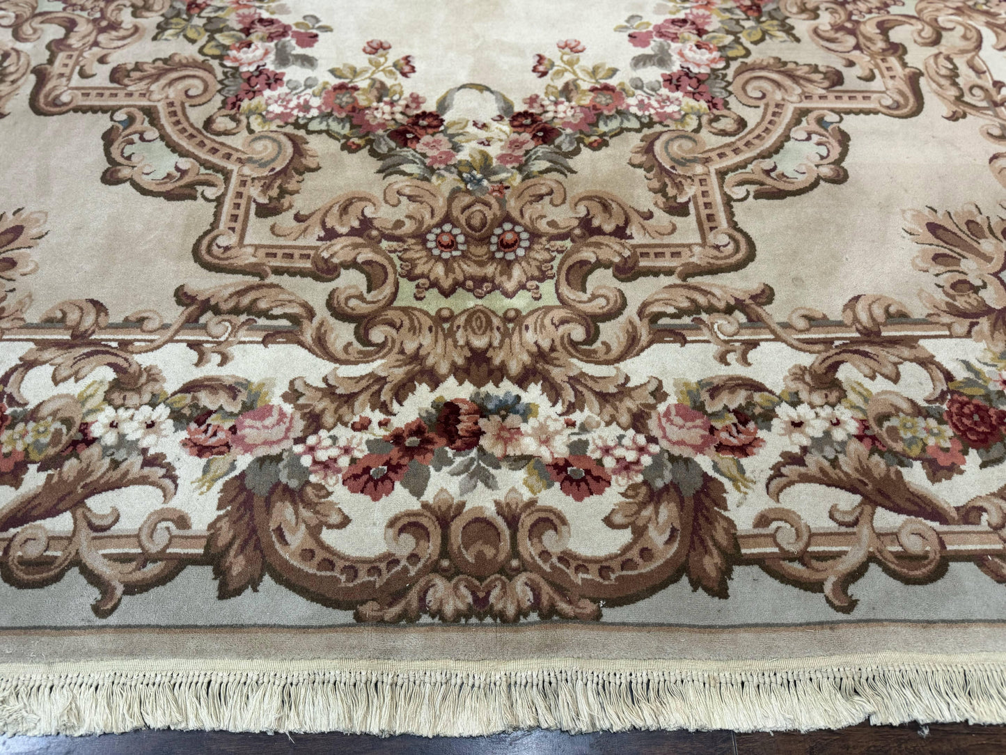 Aubusson Rug 8x12, European French Savonnerie Design, Thick Wool Pile, Elegant Rug, Cream Beige Light Green