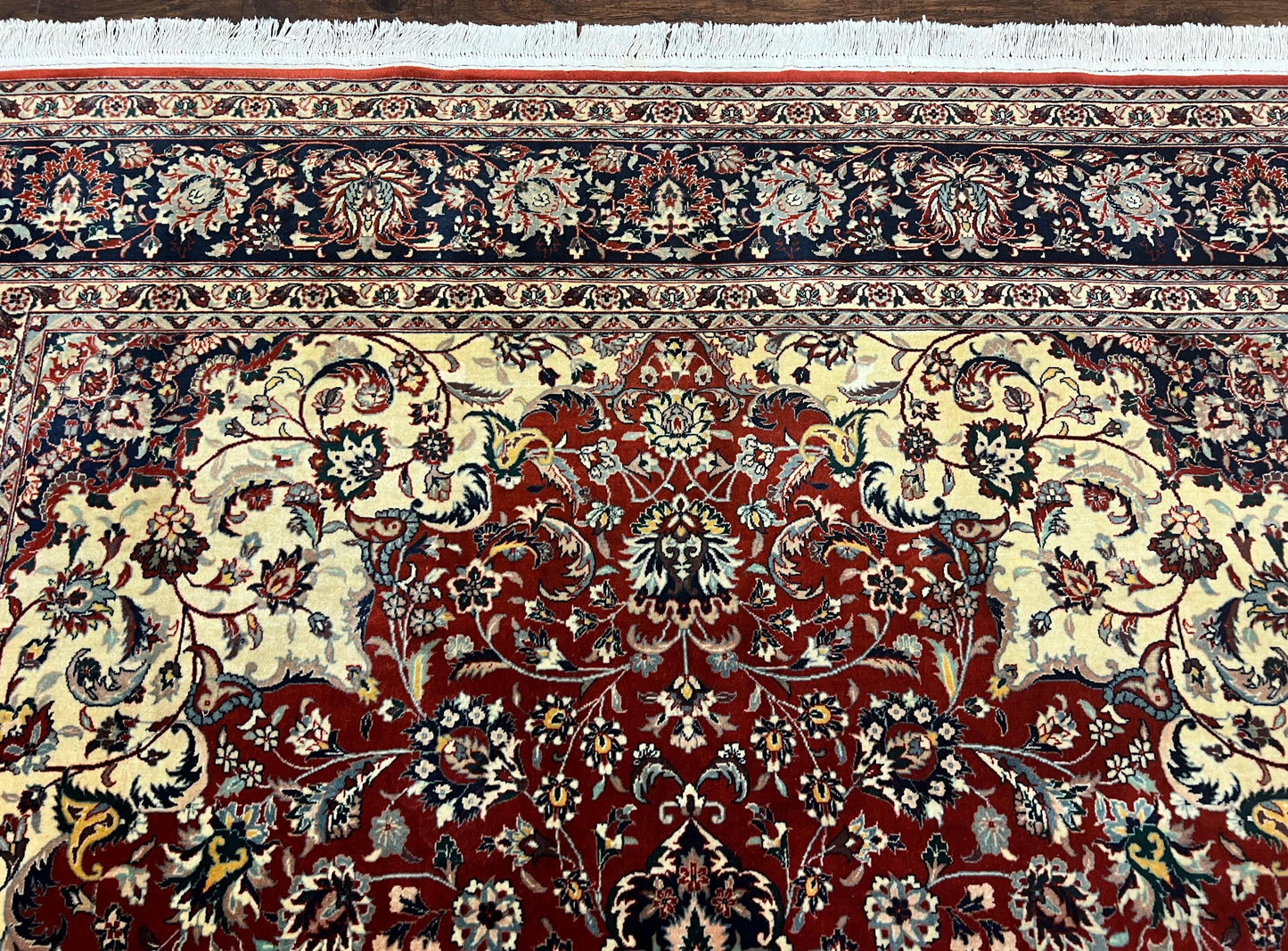 Fine Sino Persian Rug 7x10 ft, Floral Central Medallion Oriental Carpet, Red Navy Blue Cream, Hand Knotted Wool Traditional Vintage Rug