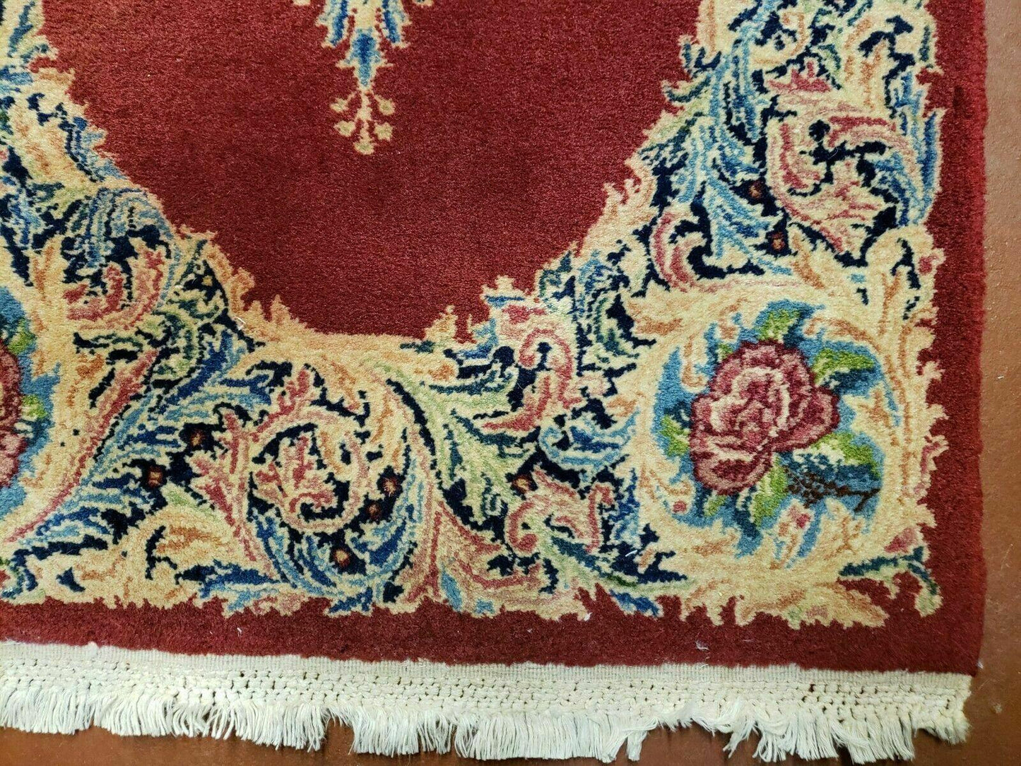 Small Persian Kirman Rug 2x4, Wool Oriental Vintage Handmade Carpet, Hand Knotted Floral Medallion, Red & Beige, Semi Open Field