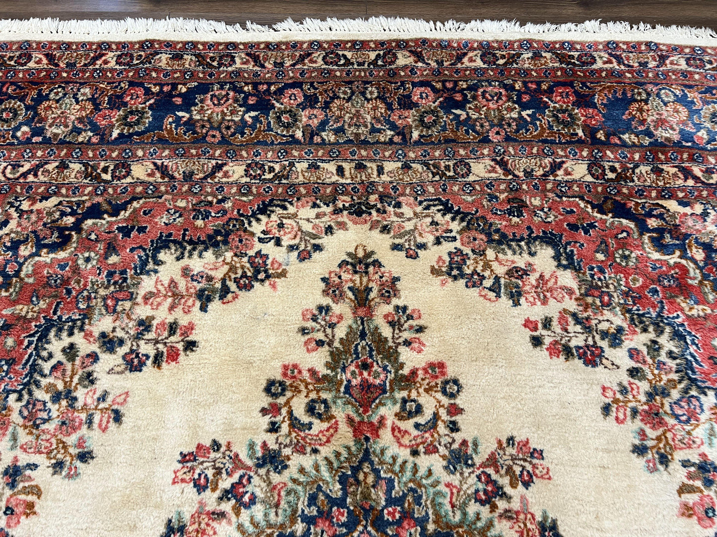 Persian Rug 9x10, Hamadan Rug, Antique Oriental Carpet, Wool Rug, Semi Open Field, Cream and Navy Blue, Kirman Design Hand Knotted Almost Square Rug