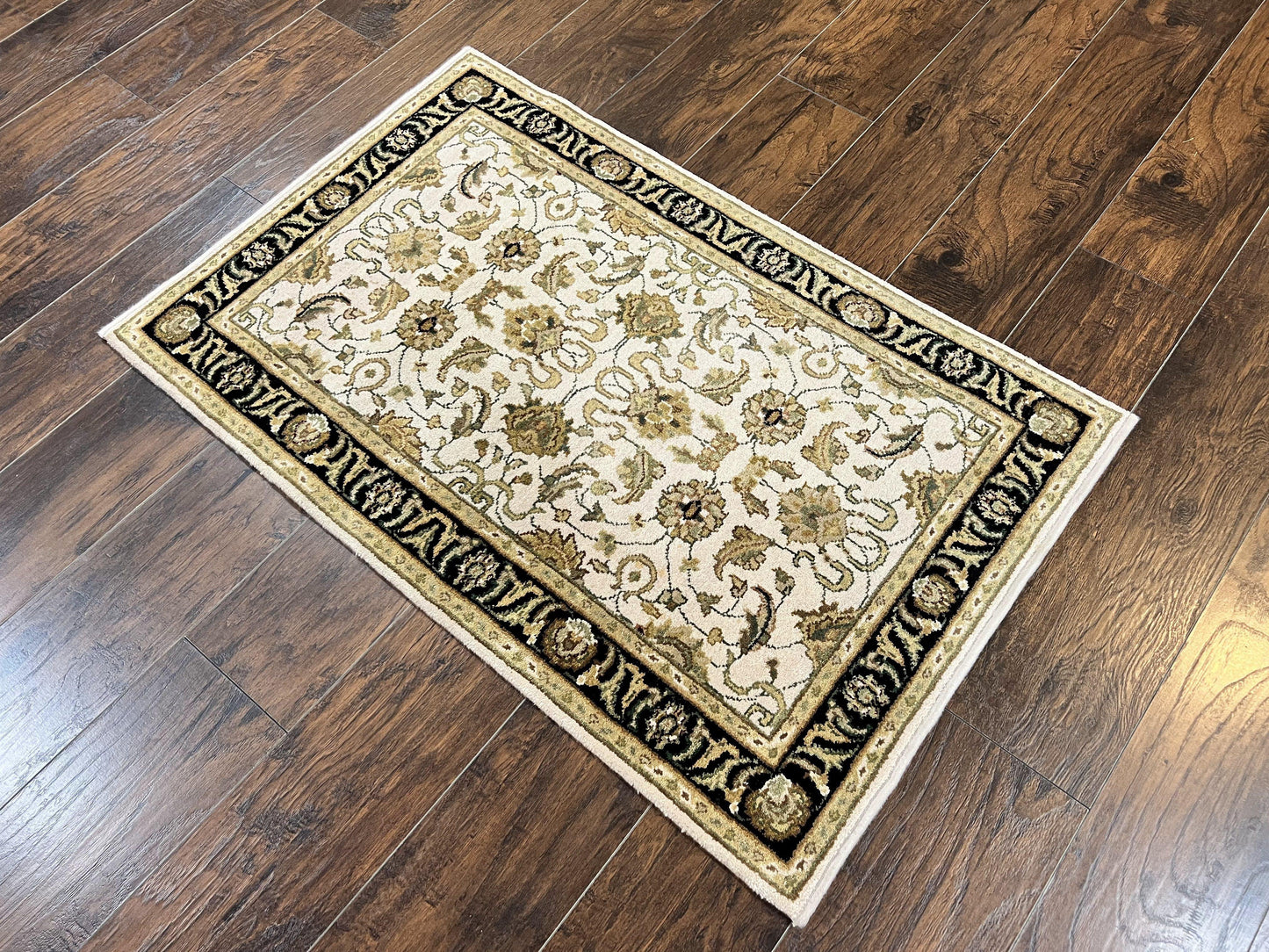 Small Indo Mahal Rug 2.5 x 4, Wool Indian Oriental Carpet, Hand Knotted Handmade Vintage Traditional Rug, Beige Tan Black