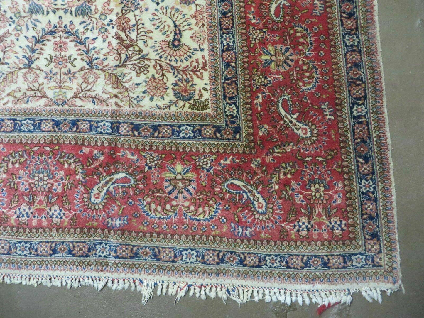 Persian Tabriz Rug 8x10, Bird Motifs Floral, Boteh Paisleys, Cream and Red, Handmade Wool Carpet
