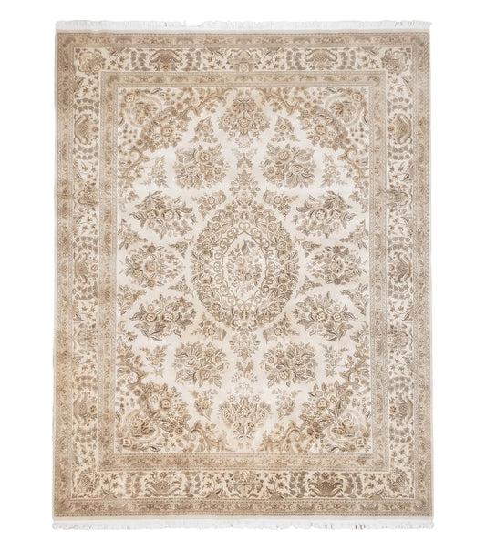 Sino Persian Rug 8x11, Ivory Floral Carpet, Vintage Wool Rug, Elegant Dining Room Rug, Hand Knotted Oriental Rug