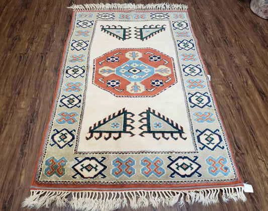 Vintage Turkish Rug 4x6, Beige Red Gray Carpet, Caucasian Design, Tribal Rug, Hand-Knotted, Boho Rug, Bohemian Home Decor
