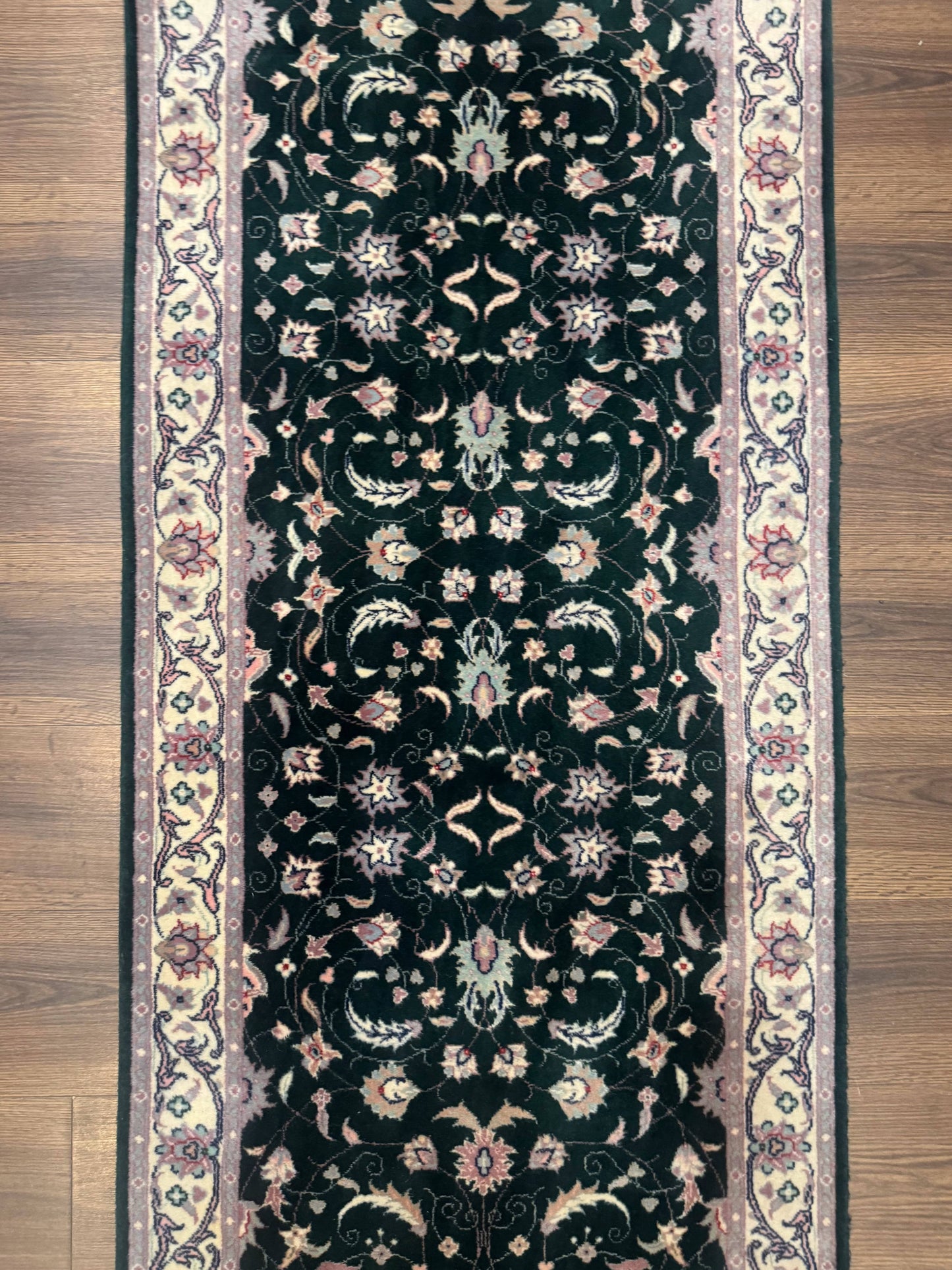 Pak Persian Runner Rug 2.6 x 10, Dark Green and Beige, Floral Allover