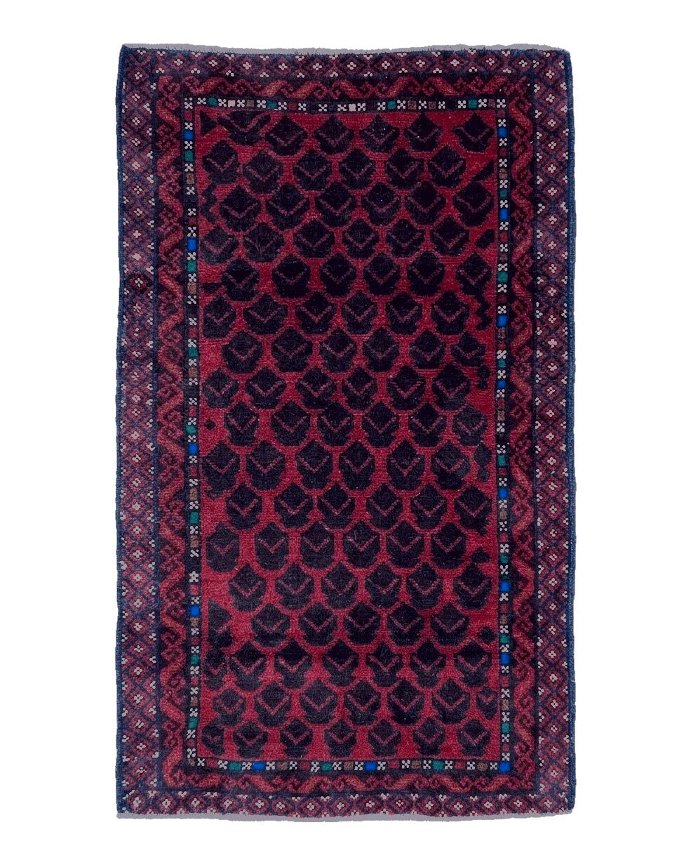 2' 8" X 4' 6" Vintage Handmade Tribal Wool Rug Balouchi Rug Afghan Rug Red Blue