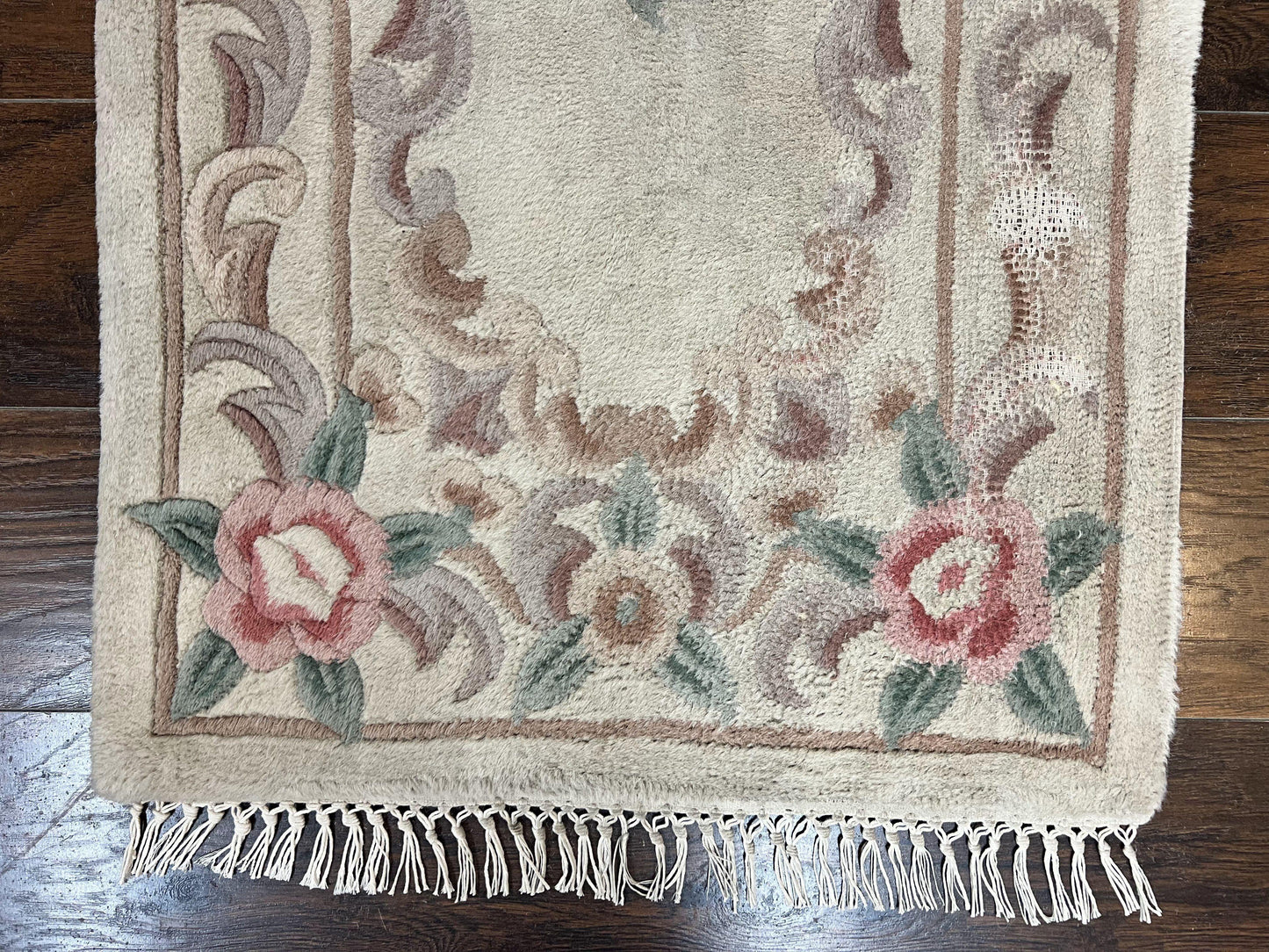 Chinese Aubusson Runner Rug 2.4 x 11, Hand Tufted Beige Floral European Design Hallway Rug, Elegant Rug, Vintage Wool Rug 11ft Long