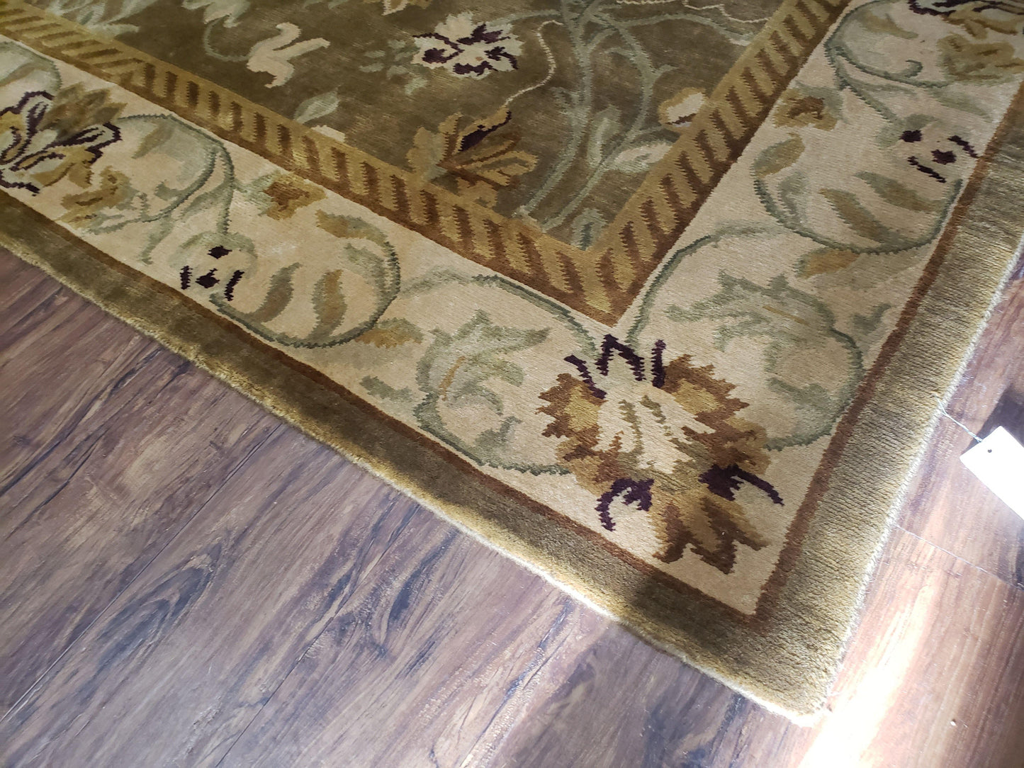 8x10 Tibetan Rug, Green & Beige Floral Rug, Large Handmade Wool Rug