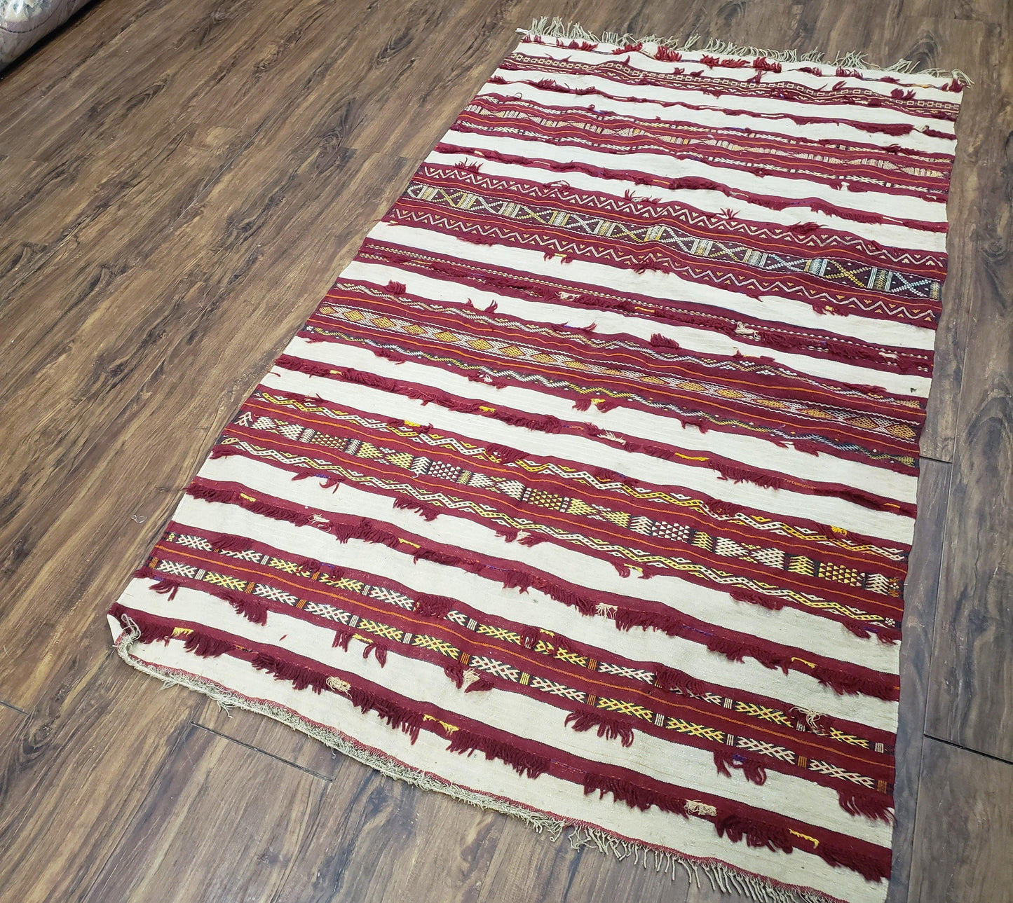 Antique Turkoman Yamud Rug 3x5 ft, 1920s Turkmen Sofreh Table Cover, Bohemian Rug, Tribal Collectible, Striped Rug, Handmade Ivory and Red