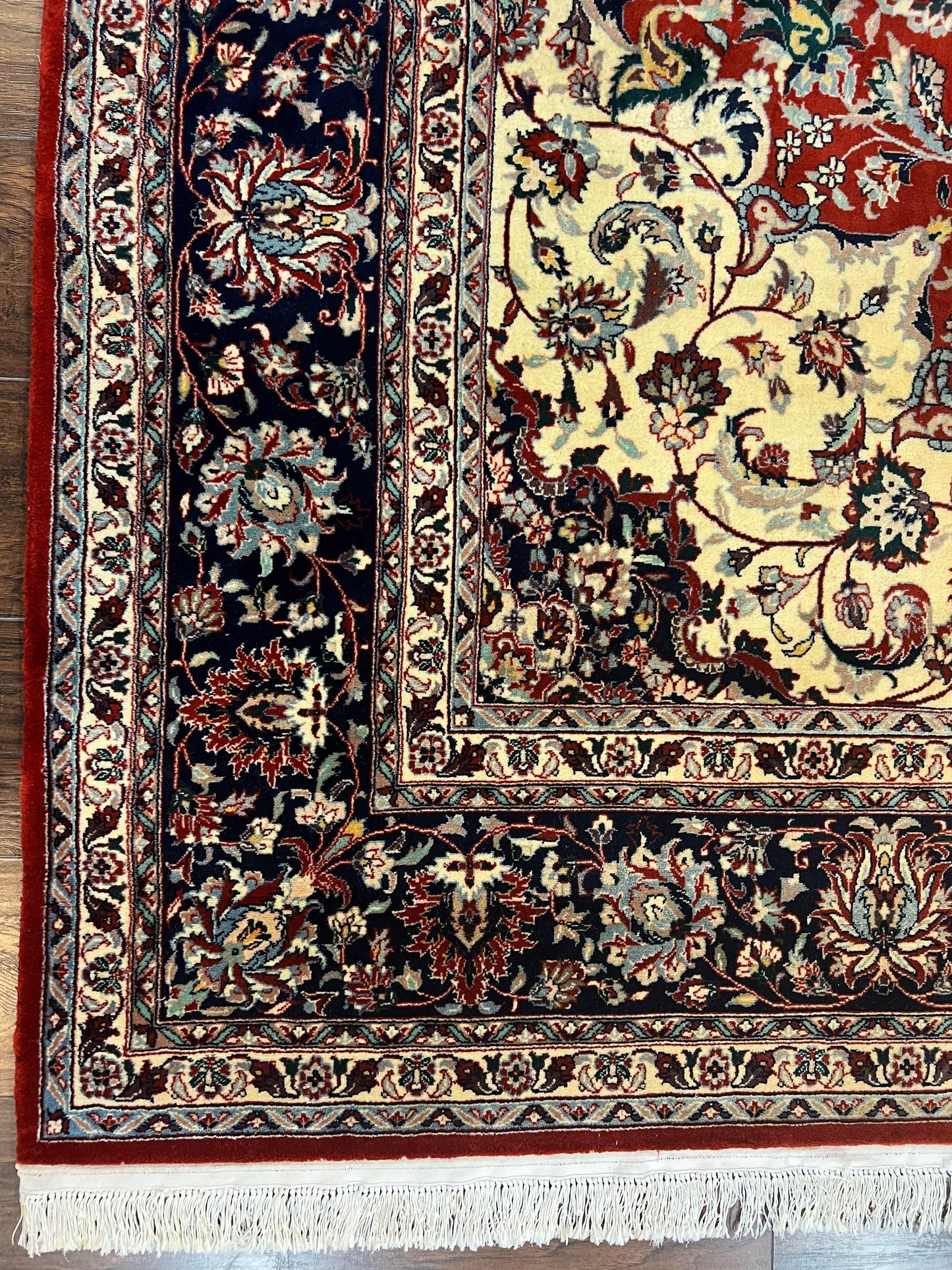 Fine Sino Persian Rug 7x10 ft, Floral Central Medallion Oriental Carpet, Red Navy Blue Cream, Hand Knotted Wool Traditional Vintage Rug