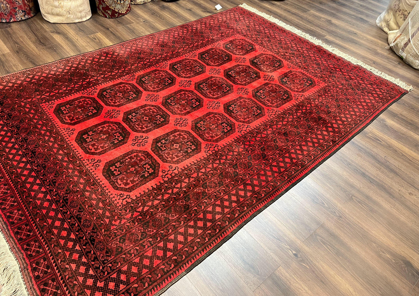 Afghan Turkoman Rug 7x10, Vintage Yamud Beshir Bokhara Carpet, Red and Black Bukhara Hand-Knotted Oriental Wool Handmade Rug, Elephant Foot