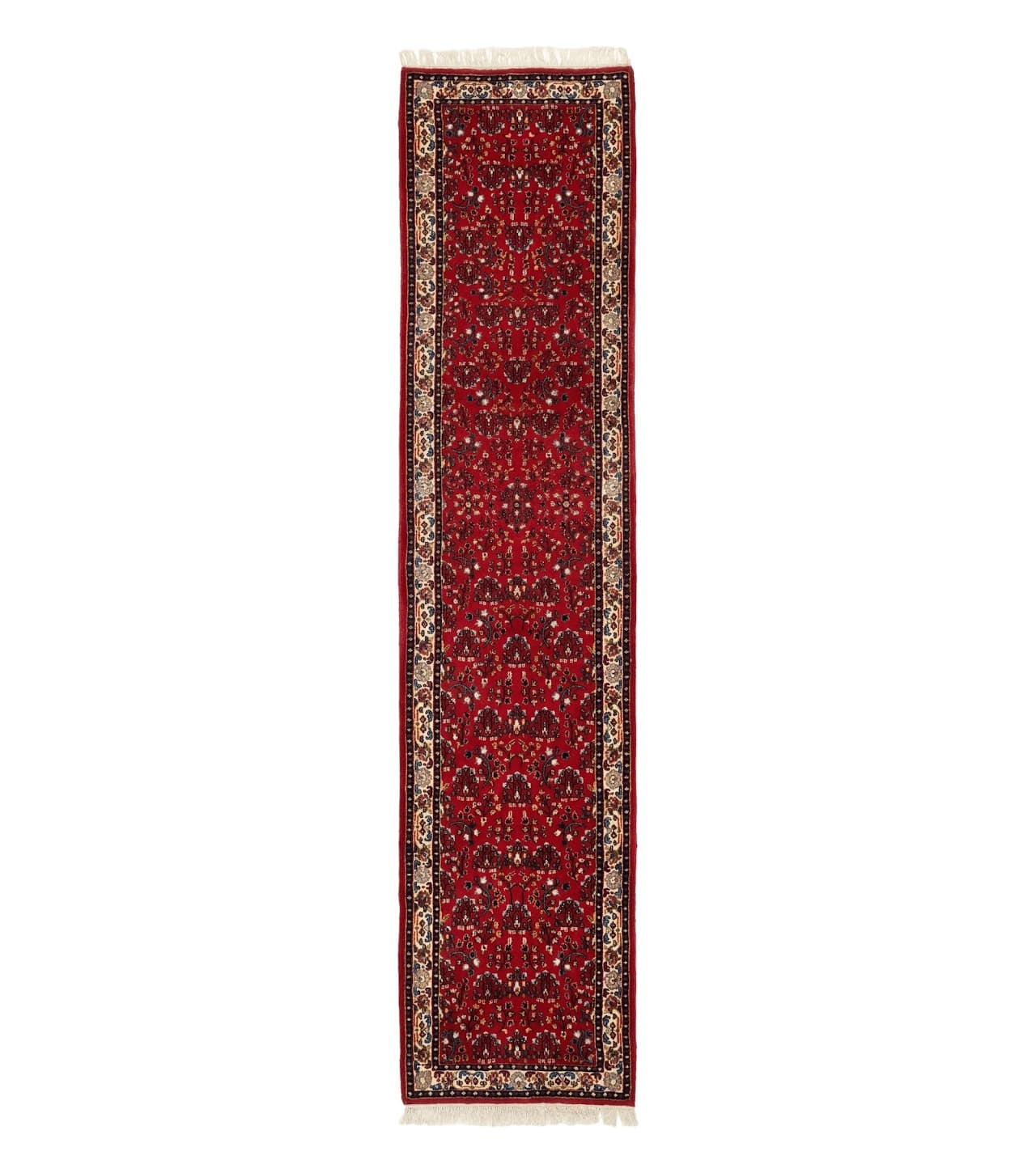 Indo Persian Sarouk Runner Rug 3 x 12, Red and Cream, Allover Pattern, 12ft Runner, Hand Knotted