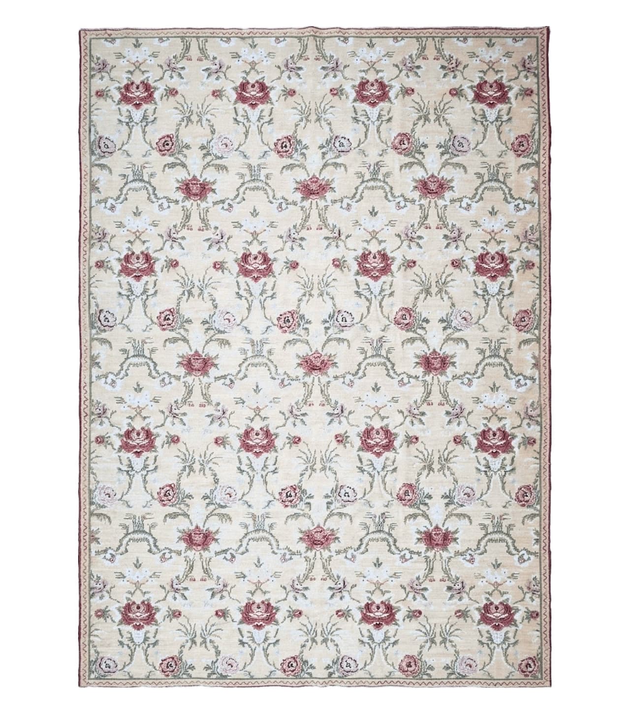 Needlepoint Rug 10x14 Wool Flatweave Carpet, English Floral Pattern, Pale Yellow, Roses, Allover Pattern, Handmade Large Needlepoint Nice