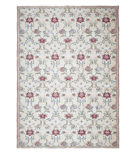 Needlepoint Rug 10x14 Wool Flatweave Carpet, English Floral Pattern, Pale Yellow, Roses, Allover Pattern, Handmade Large Needlepoint Nice