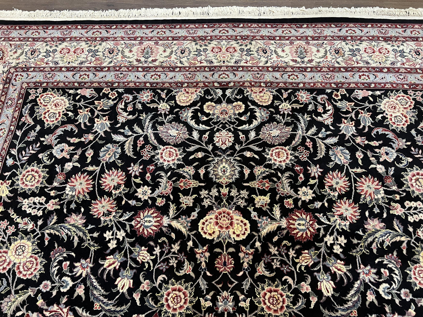 Pak Persian Rug 9x12, Floral Allover, Hand Knotted Oriental Carpet 9 x 12 ft, Black and Cream, Detailed, Wool with Silk Highlights, Vintage