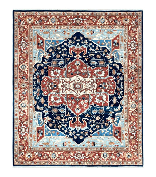 Safavieh Samarkand Heriz Rug 8x9 ft, Colorful Serapi Room Sized Hand-Knotted Wool Carpet, Tribal Rug, Vintage Oriental Rug, Navy Blue & Red