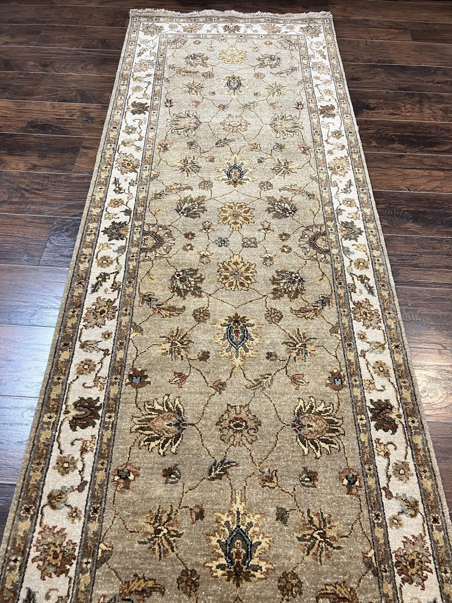 Peshawar Runner Rug 3 x 20, Wool Hand Knotted Vintage Pakistani Carpet, Olive Green & Ivory, Extra Long 20ft Hallway Runner, Floral