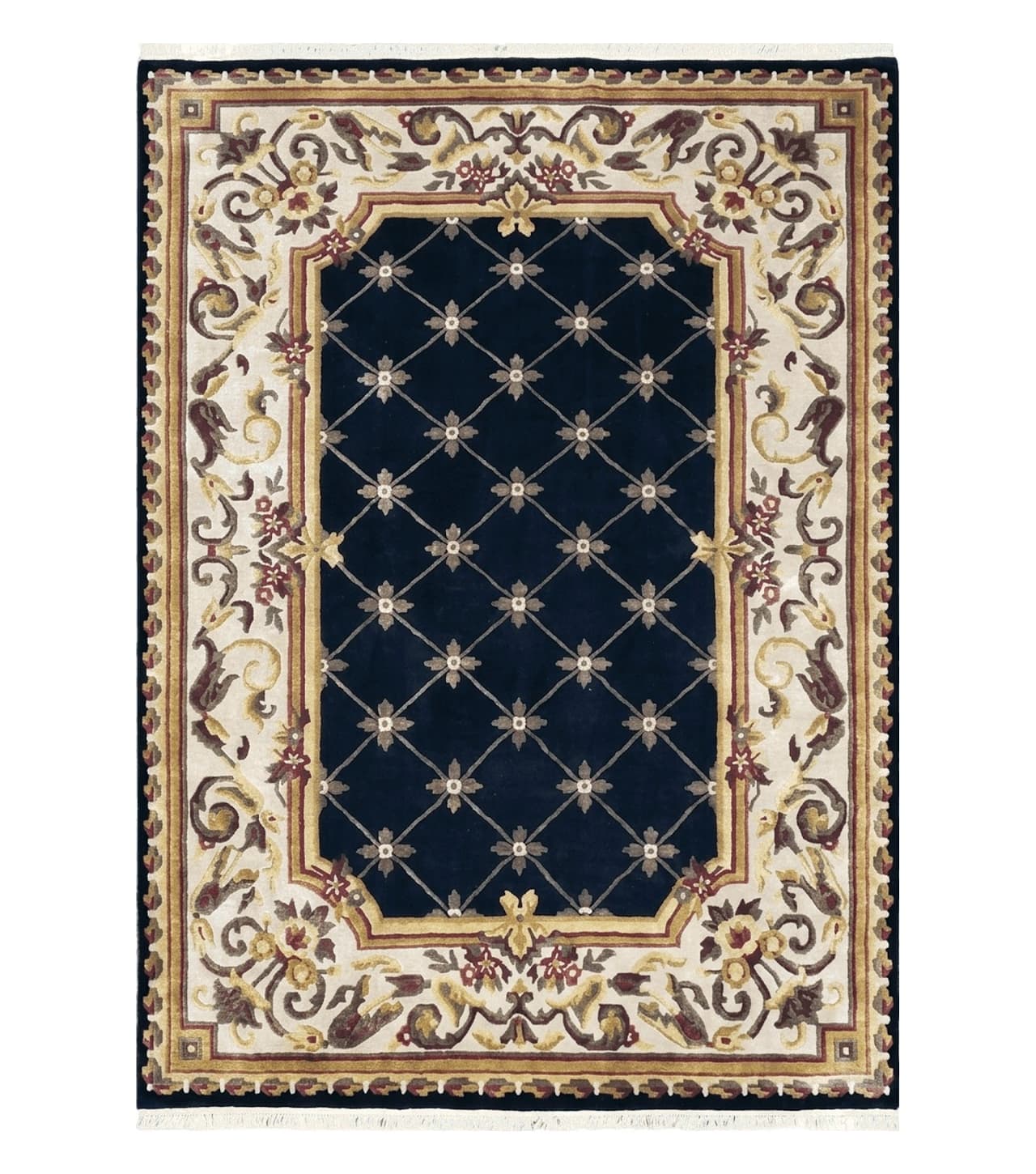 Nepal Rug 6x9, New Aubusson Nepalese Tibetan Carpet 6'1" x 8' 8", Hand-Knotted Wool, Unused, Black & Cream, Savonnerie Pattern, Soft Pile
