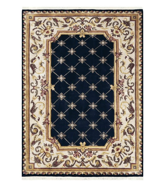 Nepal Rug 6x9, New Aubusson Nepalese Tibetan Carpet 6'1" x 8' 8", Hand-Knotted Wool, Unused, Black & Cream, Savonnerie Pattern, Soft Pile