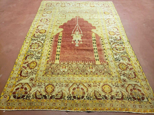 4' 5" X 7' Antique HandmadeTurkish Prayer Melas Oushak Wool Rug Mehrab Nice