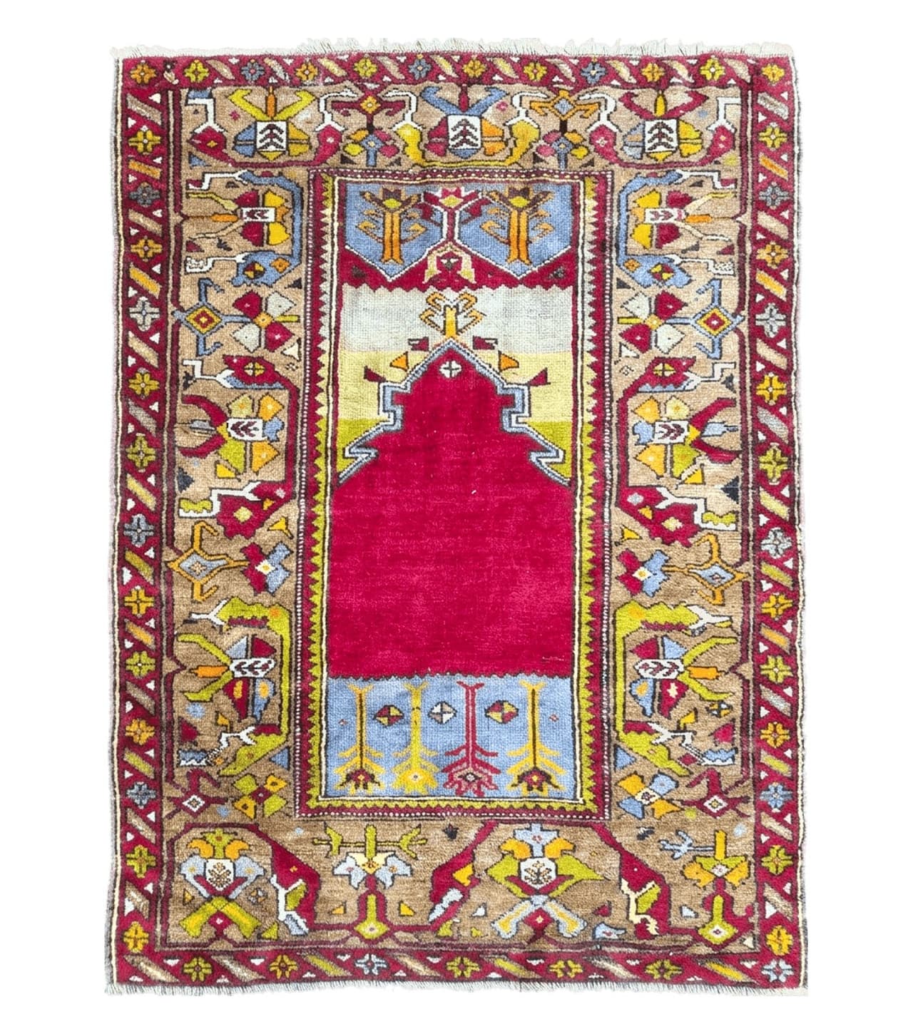 Antique Turkish Prayer Rug 3.8 x 5ft, Colorful Prayer Rug, Red Blue Gold Multicolor Turkish Anatolian Carpet, Handmade Hand-Knotted, Wool
