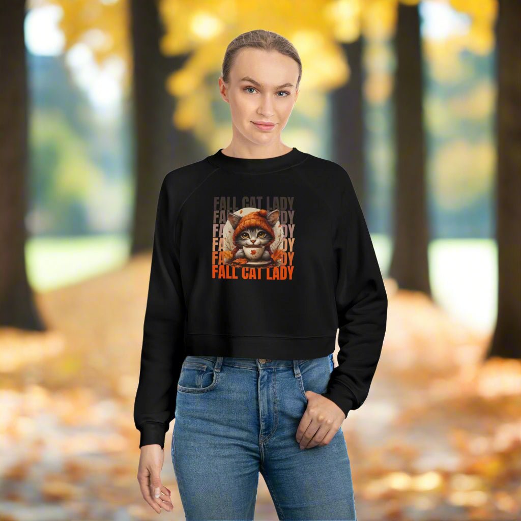 Fall Cat Lady Cropped Pullover Sweatshirt for Cozy Autumn Vibes