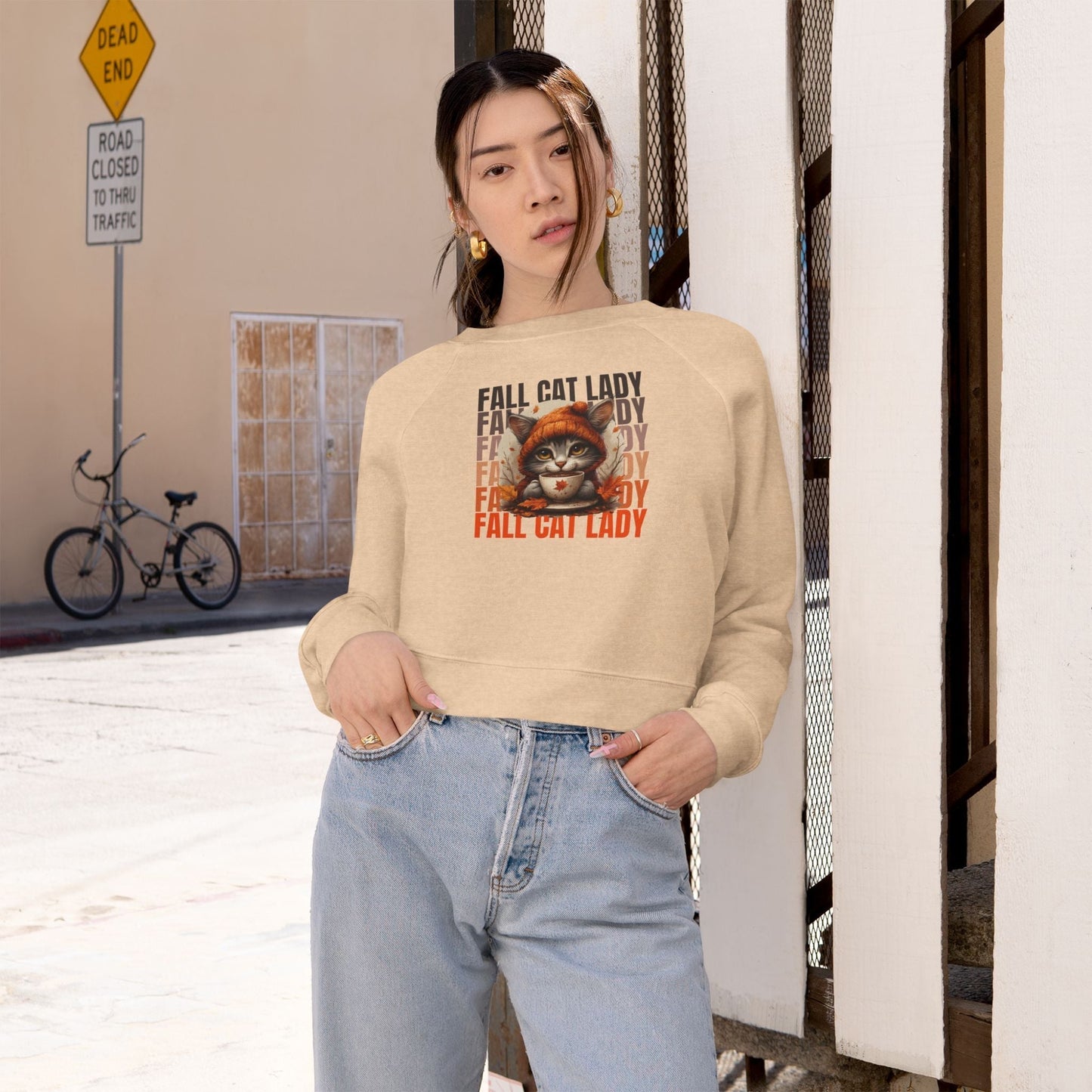 Fall Cat Lady Cropped Pullover Sweatshirt for Cozy Autumn Vibes