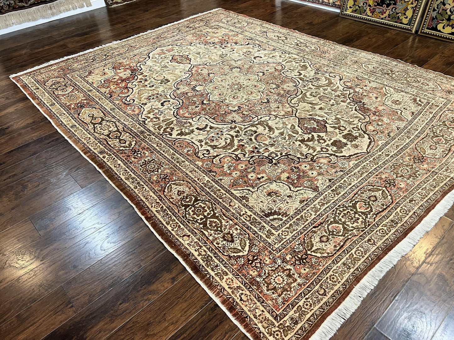 Antique Persian Tabriz Rug 10x12, Wool Hand Knotted Oriental Carpet, Beige Light Red, Floral Medallion