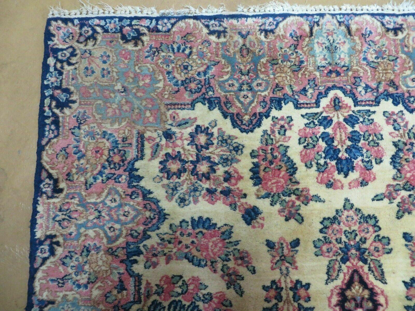 Antique Persian Kirman Rug 3.9 x 6.6, Floral Oriental Carpet, Ivory/Cream - Blue - Pink, Hand Knotted Wool Rug, Floral Medallion Rug 4x6
