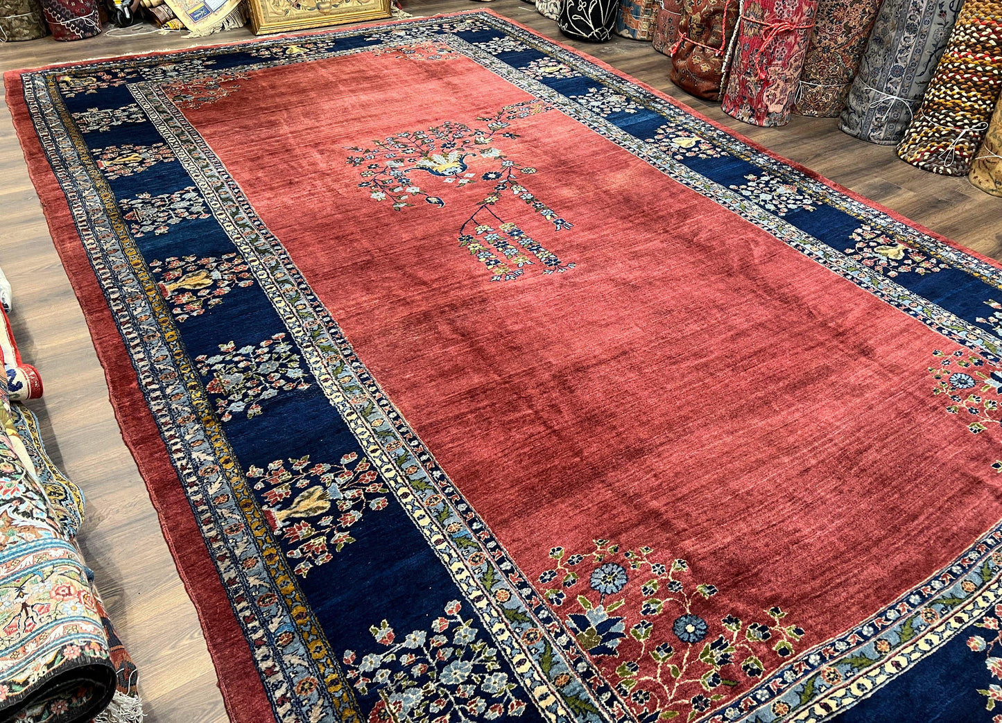 Large Persian Sarouk Rug 10x17, Open Field, Red and Navy Blue, Palace Sized Oversized Hand Knotted Wool Oriental Carpet Flowers Vases Antique 1920s