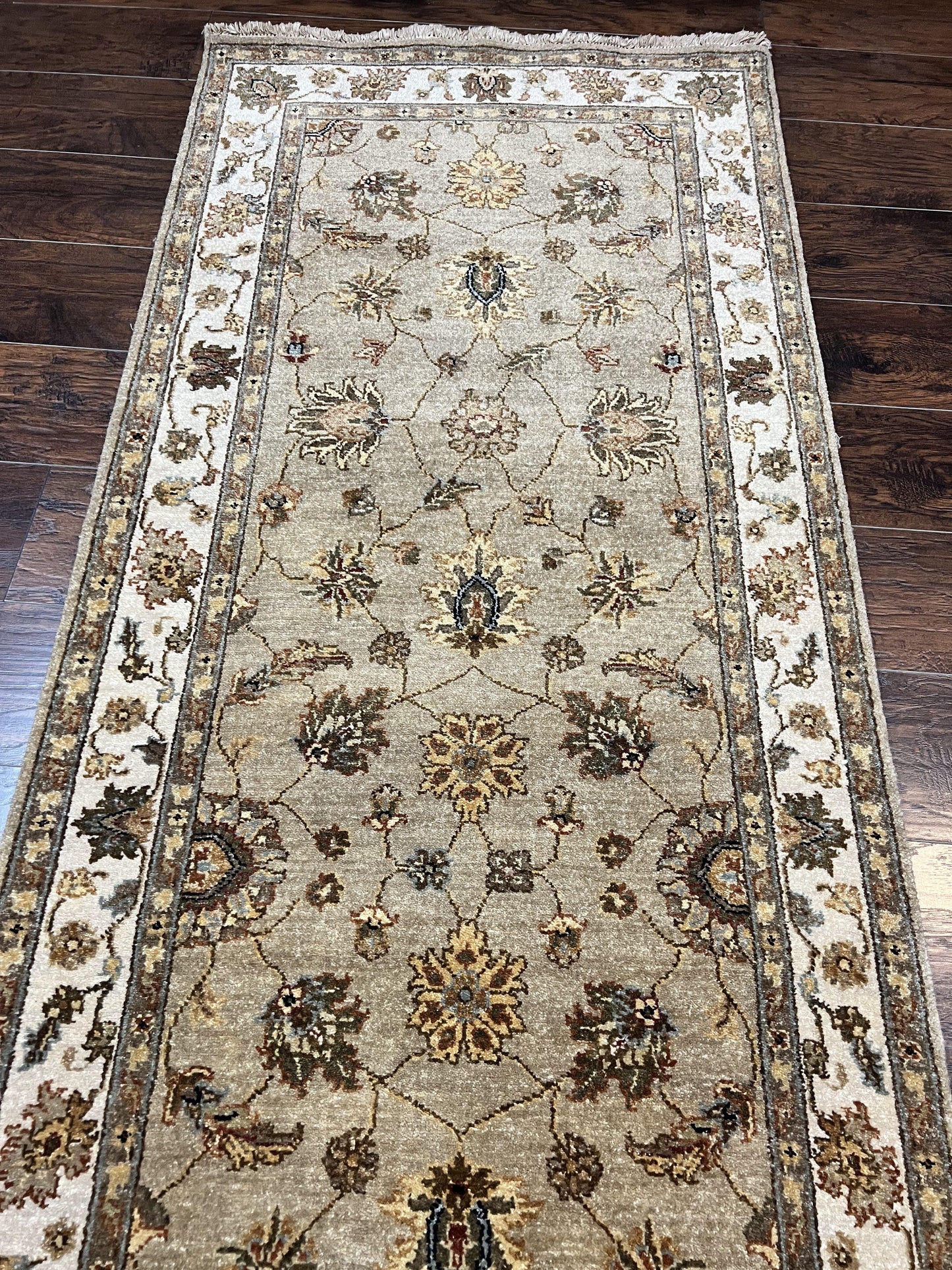 Peshawar Runner Rug 3 x 20, Wool Hand Knotted Vintage Pakistani Carpet, Olive Green & Ivory, Extra Long 20ft Hallway Runner, Floral