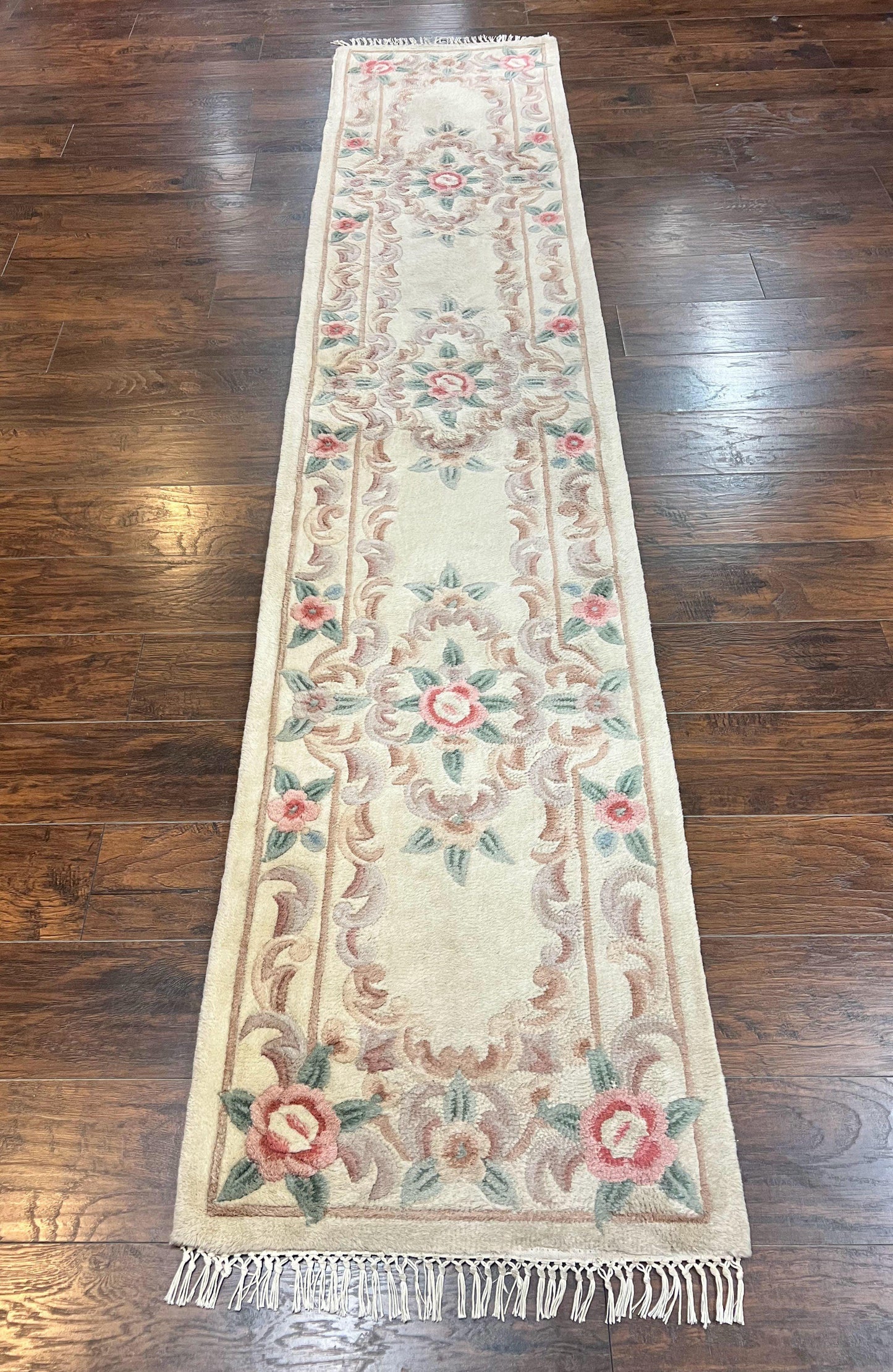 Chinese Aubusson Runner Rug 2.4 x 11, Hand Tufted Beige Floral European Design Hallway Rug, Elegant Rug, Vintage Wool Rug 11ft Long