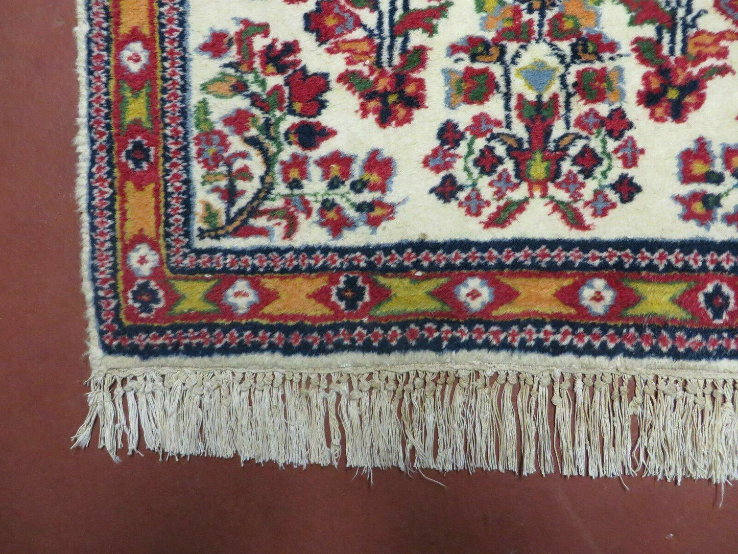 Small Persian Rug 2 x 3, Tiny Persian Sarouk Carpet, Cream Navy Blue Red, Floral Medallion, Vintage Wool Rug, Handmade Hand-Knotted Oriental Rug
