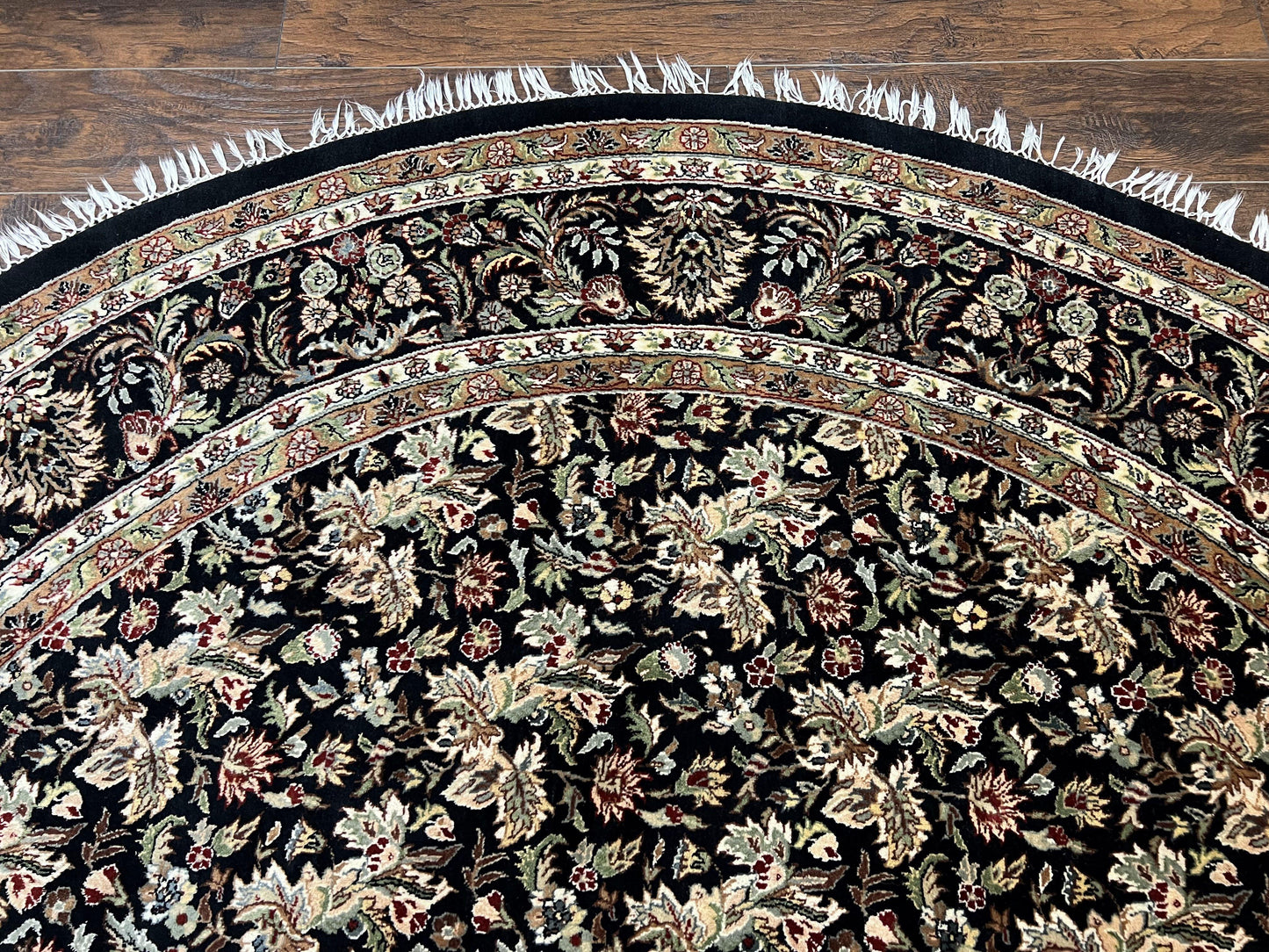 Round Oriental Rug 8x8 ft, William Morris Floral Pattern Carpet, 8 x 8 ft Round Rug, Black Cream and Tan 8ft Round Handmade Indo Persian Rug
