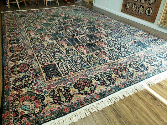 Persian Rug 10x15, Authentic Oriental Carpet 10 x 15, Wool Area Rug Panel Design Hand-Knotted Vintage Kirman Yazd Rug, Dark Blue and Beige,  Floral