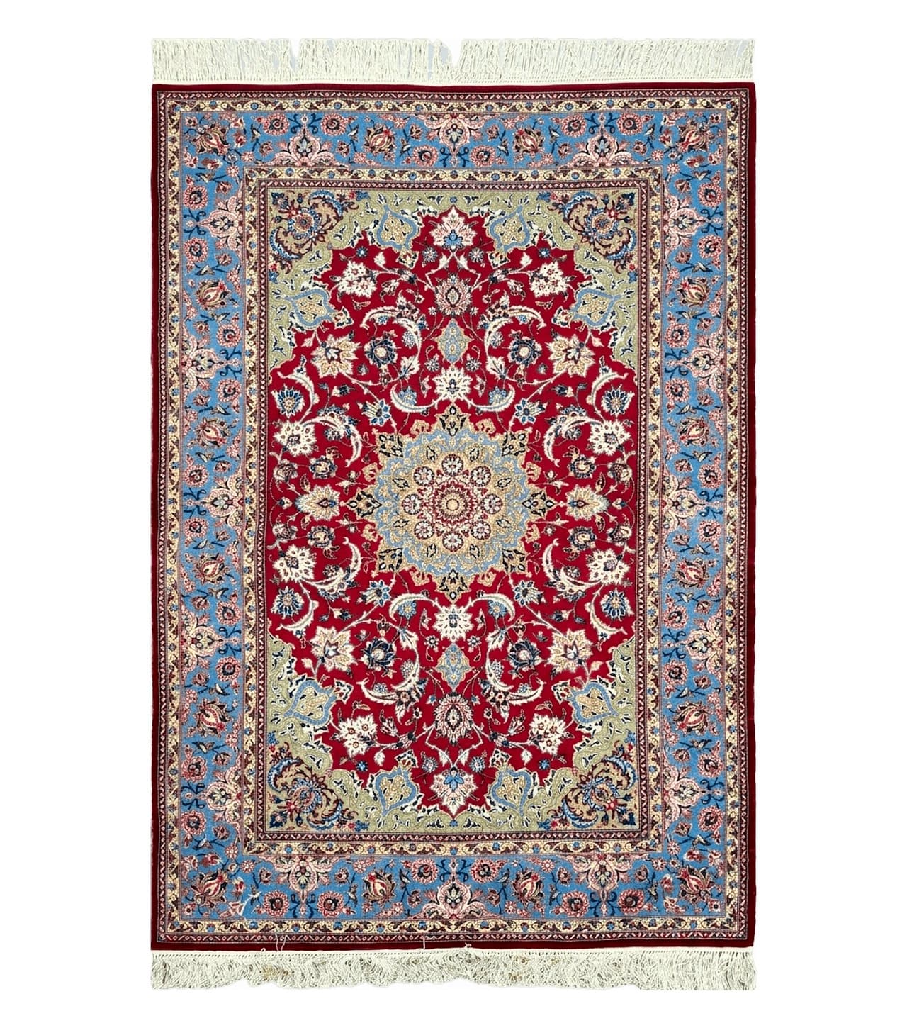 Semi Antique Persian Isfahan Rug, Kork Wool on Silk Foundation, Red & Blue, Top Quality, 3'6" x 5' 6"